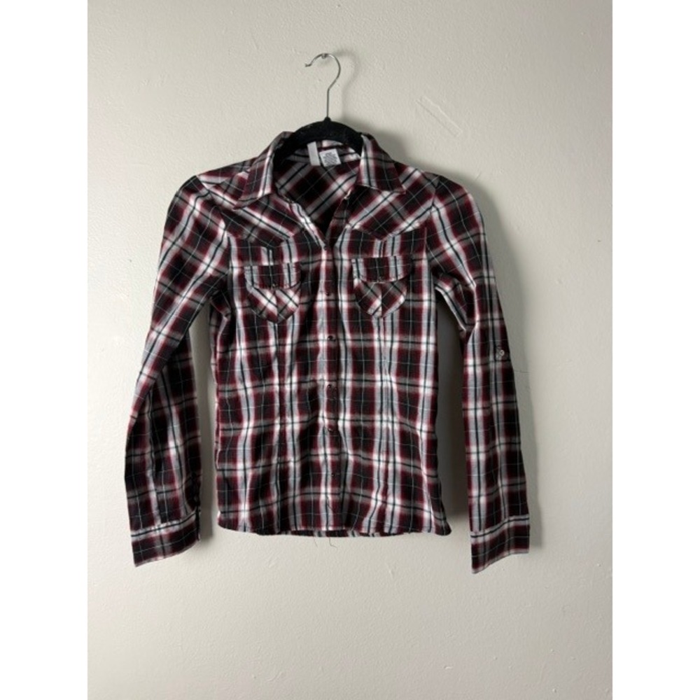 Full Tilt Girls Large Red Black White Plaid Western Button Down Flannel Shirt